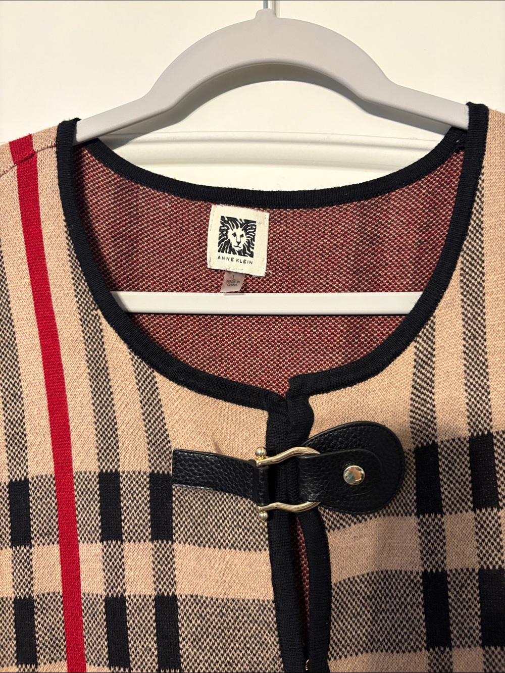 Anne Klein Beige Plaid Sweater with Black & Red Stripes Tan Black Red Plaid - Picture 4 of 5